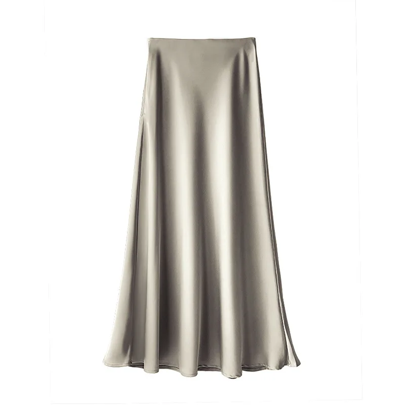 Ladies Streetwear Long Ankle-Length Solid Black Skirt Summer Women Brown Satin Skirts High Waist A-Line Skirt