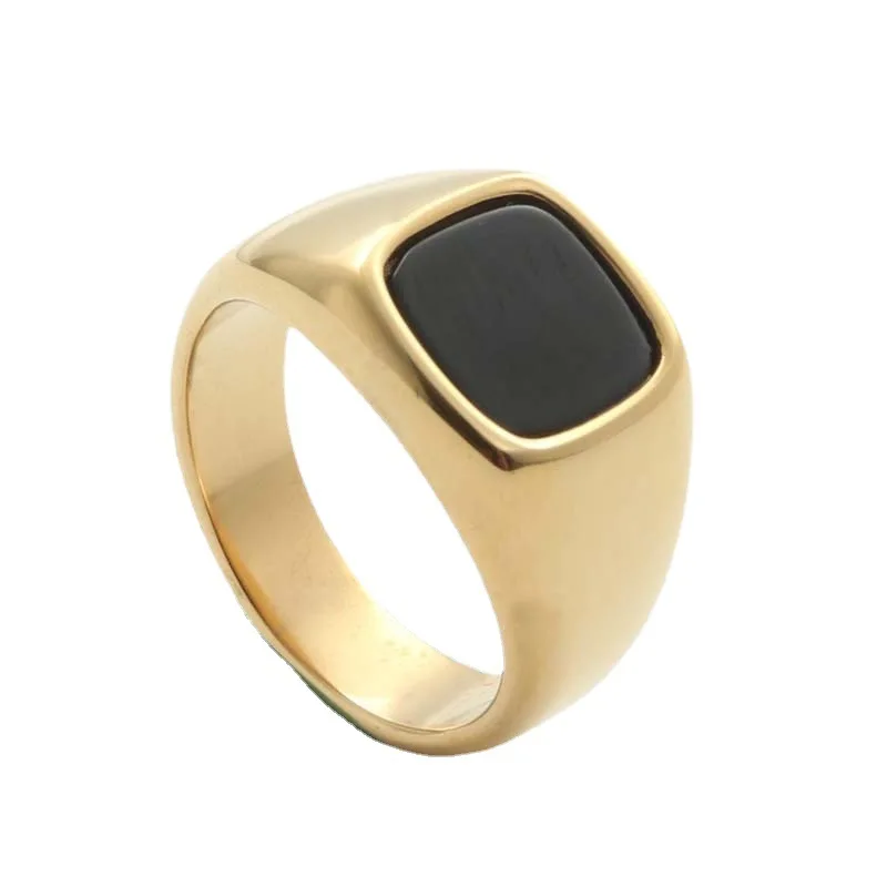 New Fashion trend 18K gold-plated geometric square black oil drip ring Men punk waterproof stainless steel jewelry wholesale