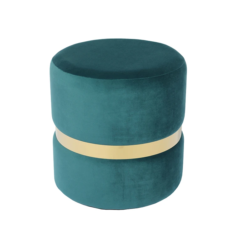 Фабрика Fuzhou Fytch, современный маленький круглый бархатный пуф с золотой лентой и серой бархатной тканью