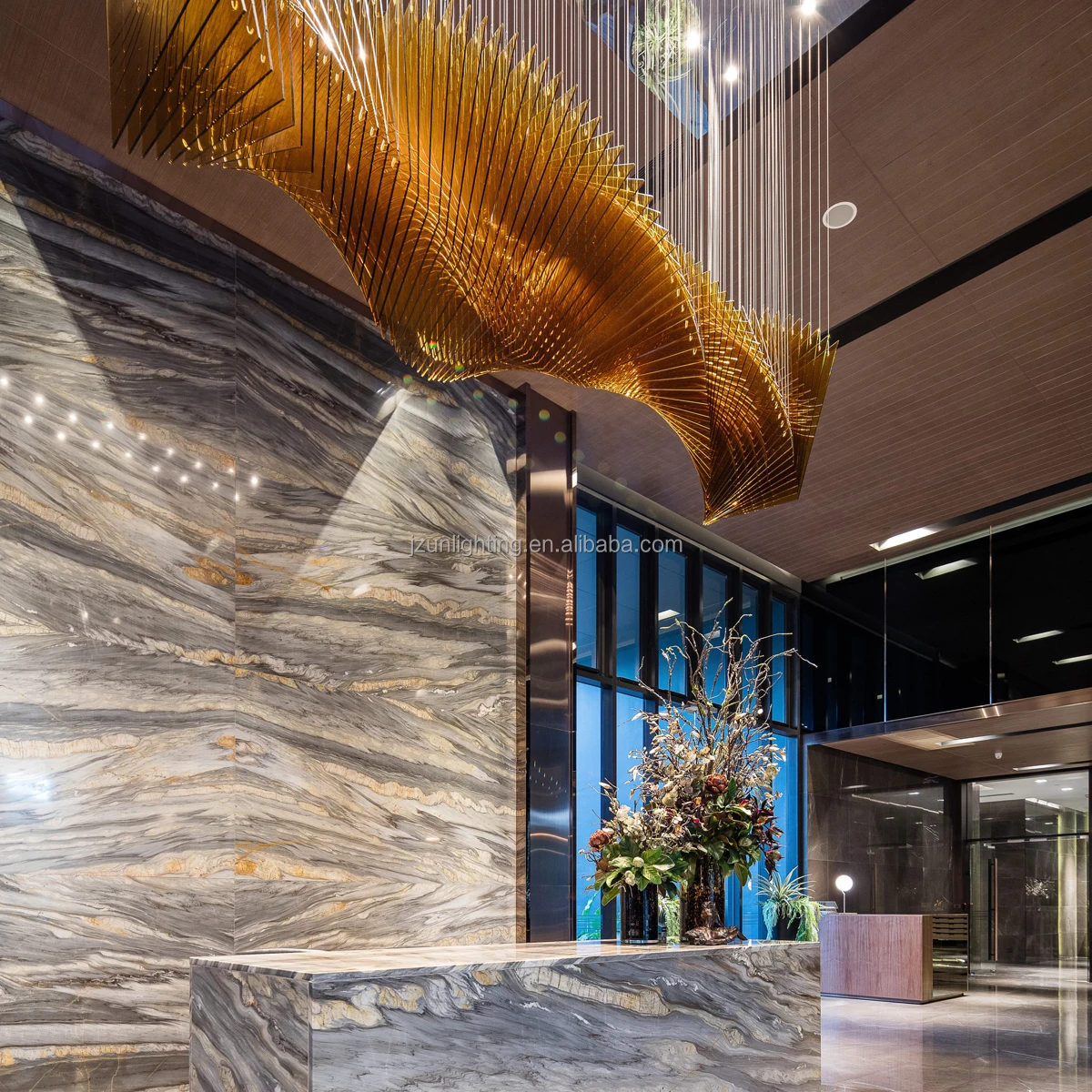 Modern Large Spiral Ceiling Chandelier Gold Brown Decorative Glass Hotel Lobbies Remote Control Iron Material
