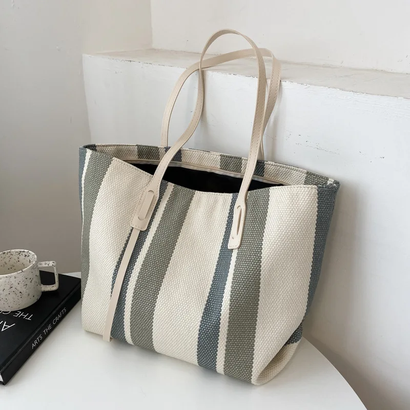 Drop Shipping 2022 New Korean Large-Capacity Shoulder Simple Vertical Stripes Casual Fashion Big Tote Handbags Bags