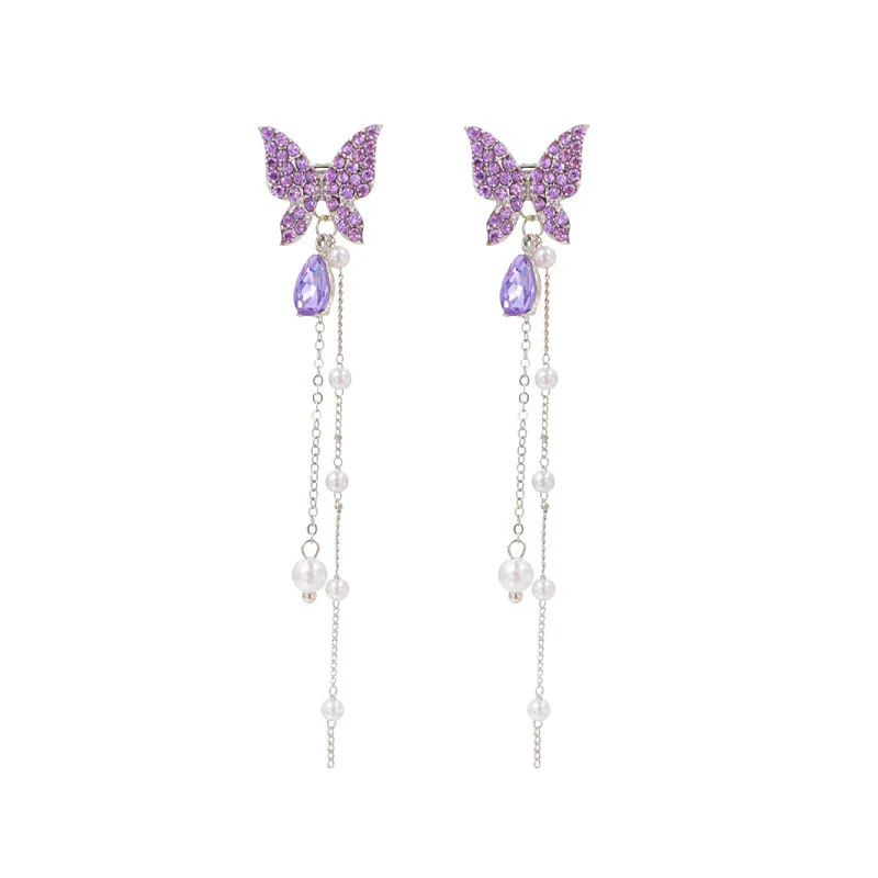 Fashion 925 Silver Needle Earrings Purple Diamond Butterfly Long Pearl Tassel Earrings