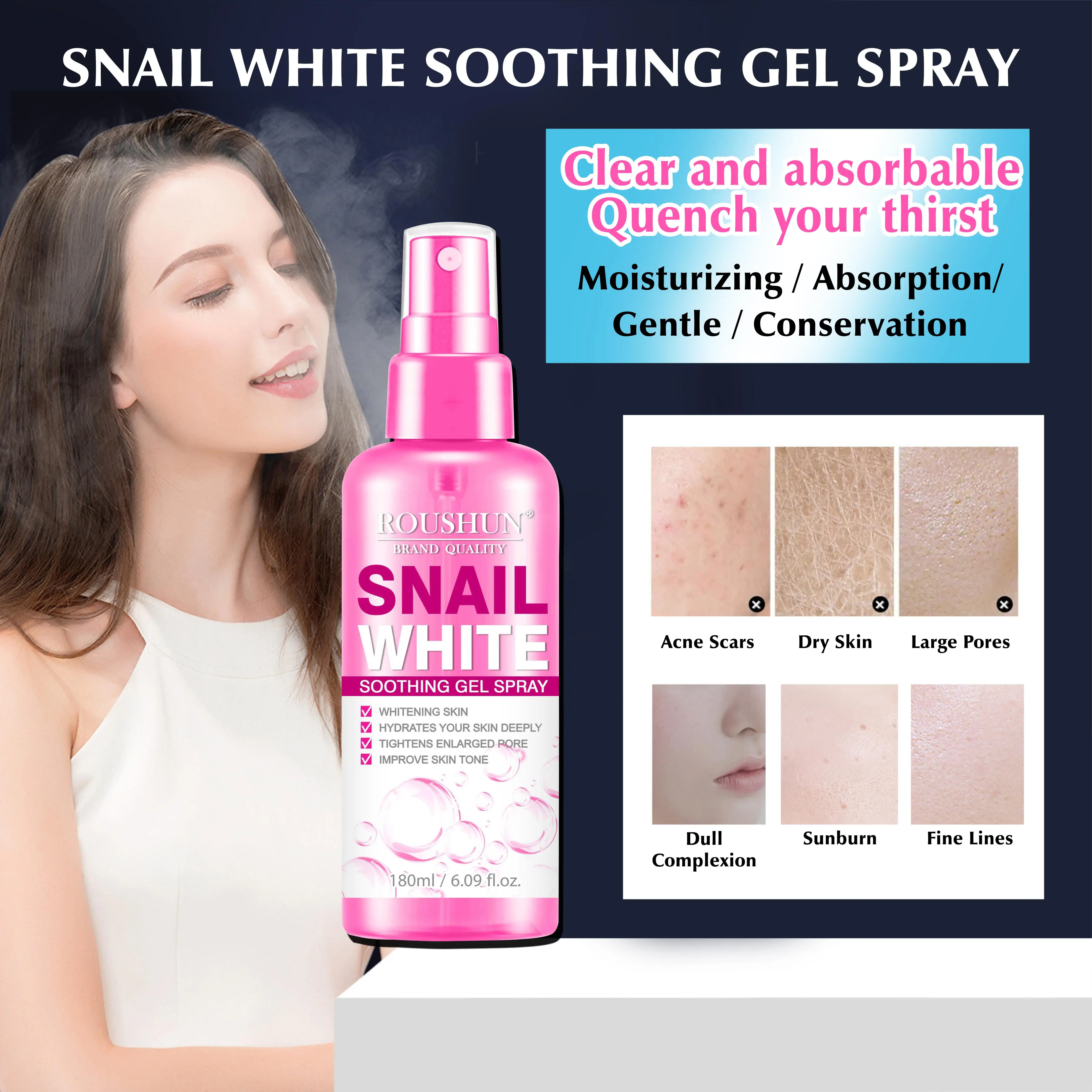 ROUSHUN snail white soothing gel spray,hydrates your skin deeply,tightens enlarged pore