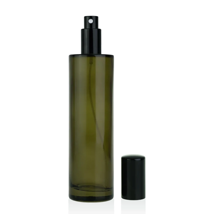 STOCK cosmetic packaging 100ml thick olive green glass perfume bottle with black sprayer