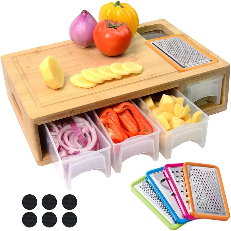 Large Wood Chopping Board with Containers, Food Dropping Zone,Bamboo Wooden Cutting Board with Containers
