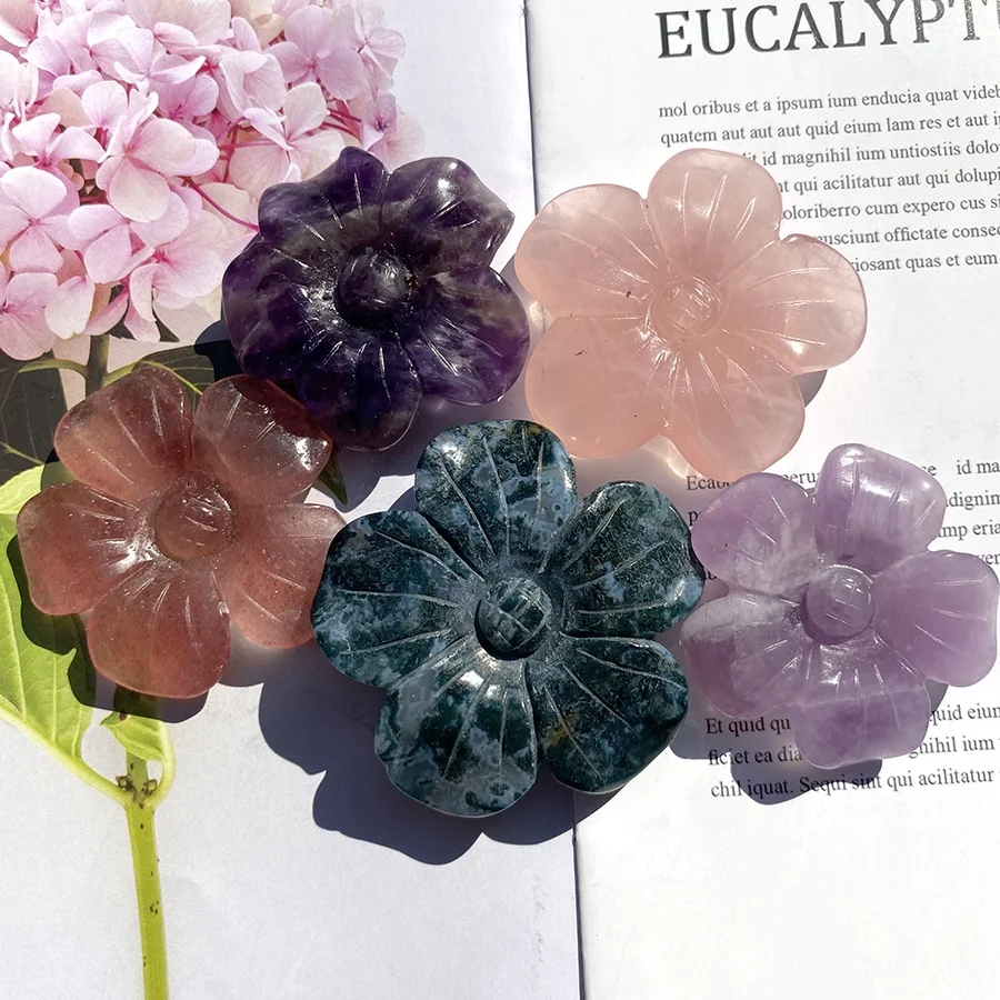 Hand Carved Natural Rose Quartz Multi Gemstone Crystal Artificial Five Petals Flower Carving