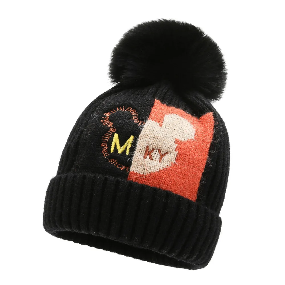 100% Acrylic MICKEY New cute Warm Baby Pom pom beanie Hat Baby Knitted Parent-Child Hat autumn and winter Cap