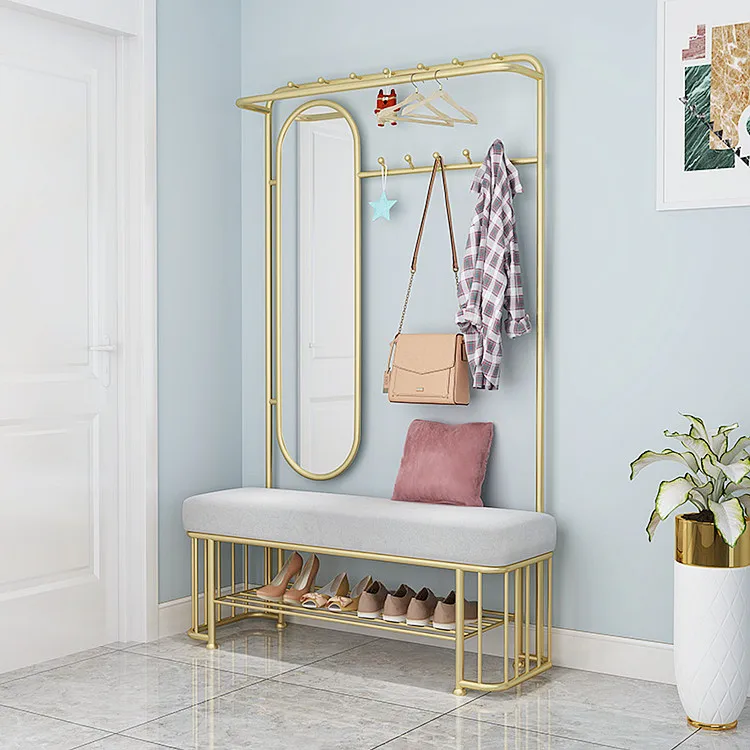 Home Easy Assembly Free Standing Garment Portable Hanger Metal Frame Coat Rack With Shoe Storage Bench