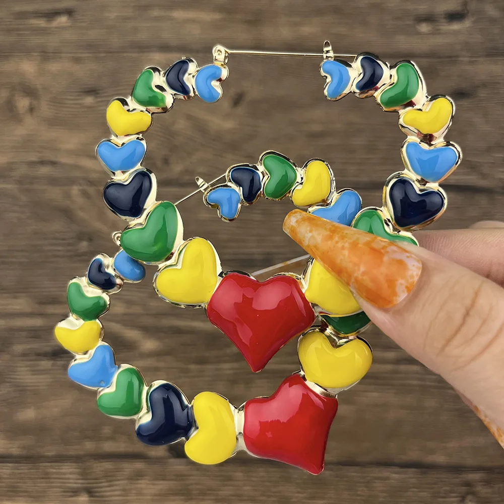 Hot Selling Irregular Geometric Heart Shape Earrings Oil Dripping Color Metal Bamboo Round Hoop Earrings Women Jewelry