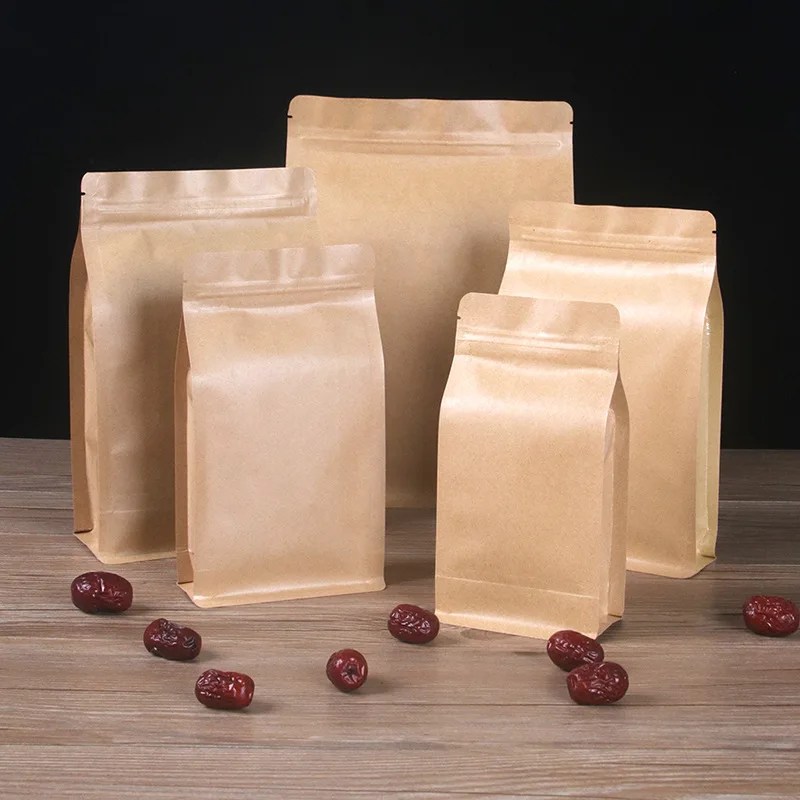 Eight-sided sealed kraft paper coffee herbal snack tea self-standing kraft paper square bottom bag
