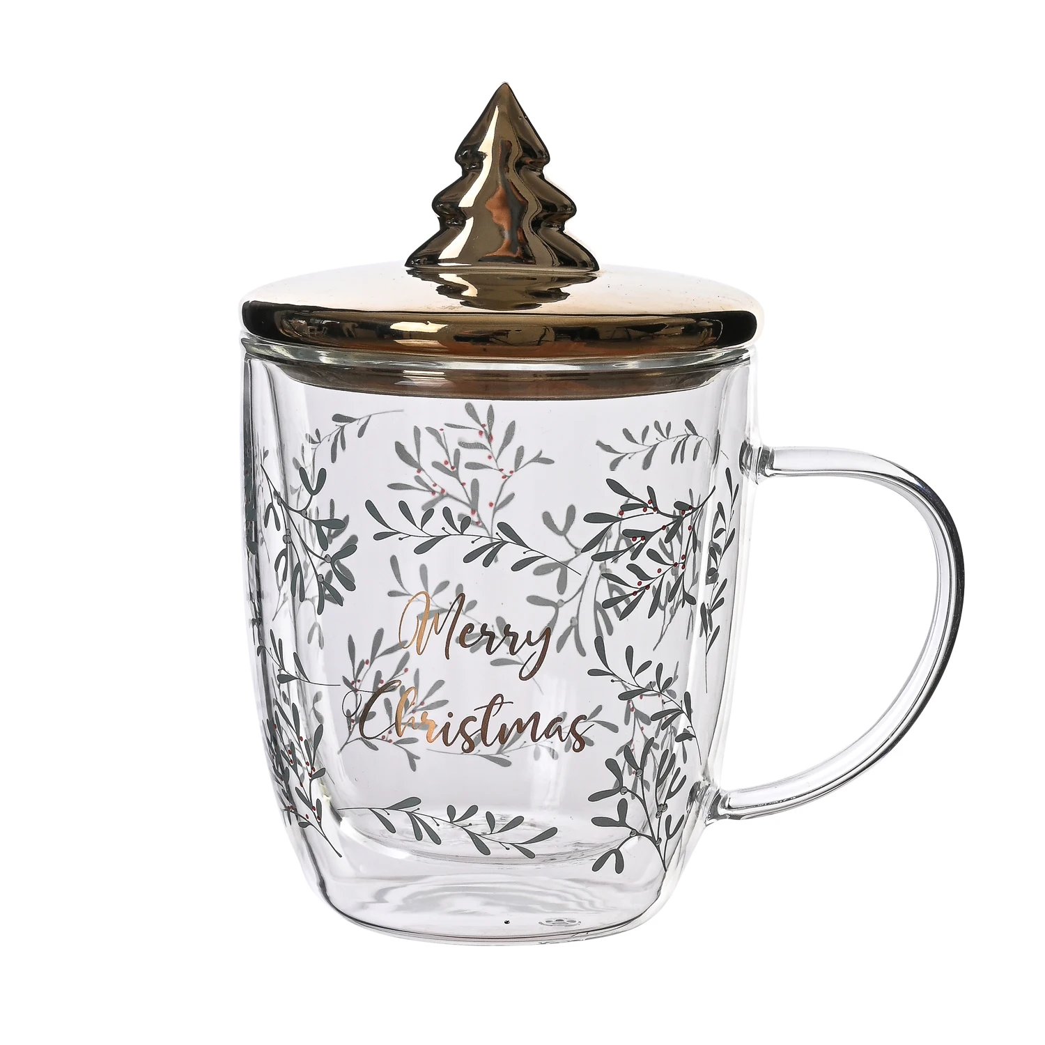 Gloway Manufacturer Cute Christmas Heat Resistant Handled Insulated Coffee Mug Christmas Tree Cup Double Wall Glass Mug With Lid