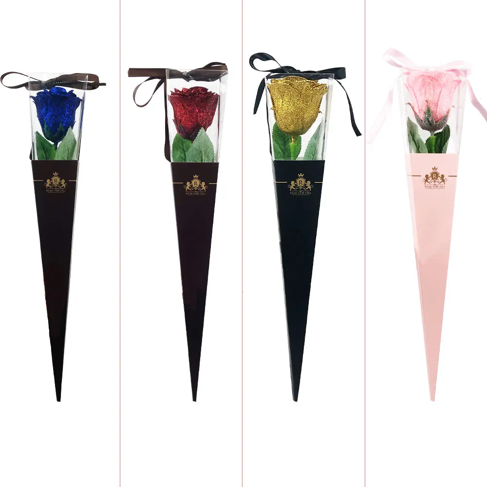 
golden burgundy Valentines day girlfriend rosa sparkling glitter laced single artificial rose gift with box 