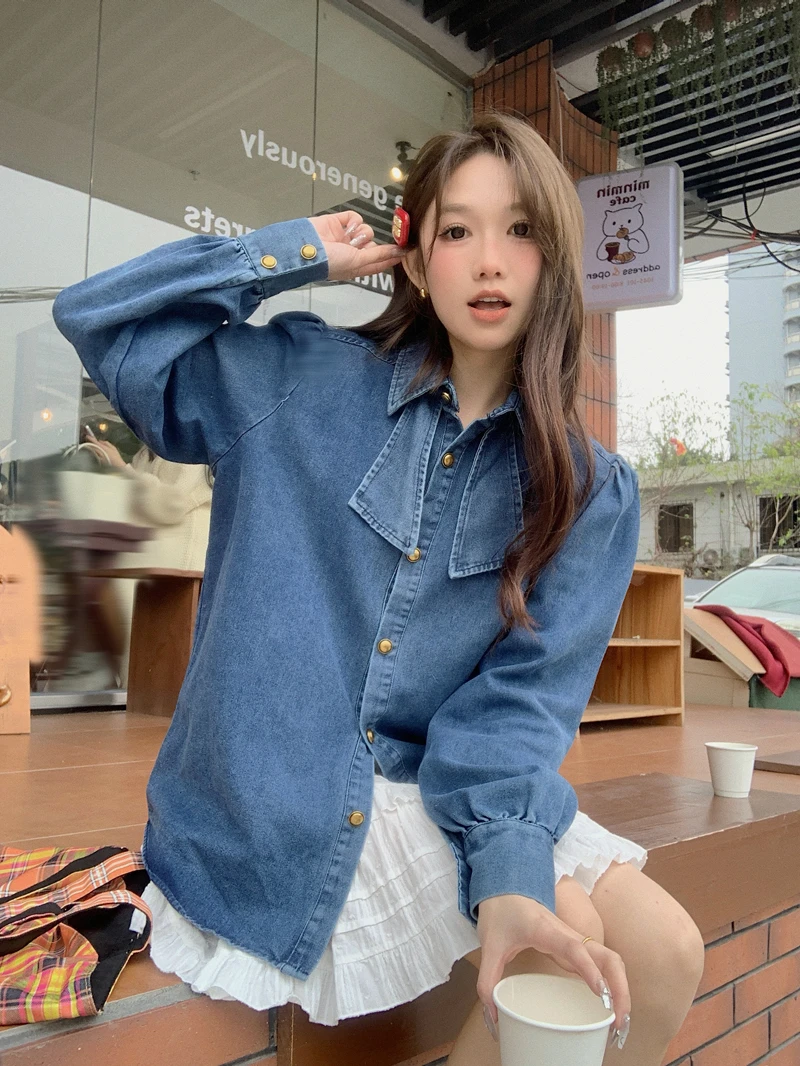 Autumn Winter Denim Women Shirts Bows Sweet Solid Korean Fashion Basics Blouses Elegant Casual Loose Blouse Mujer