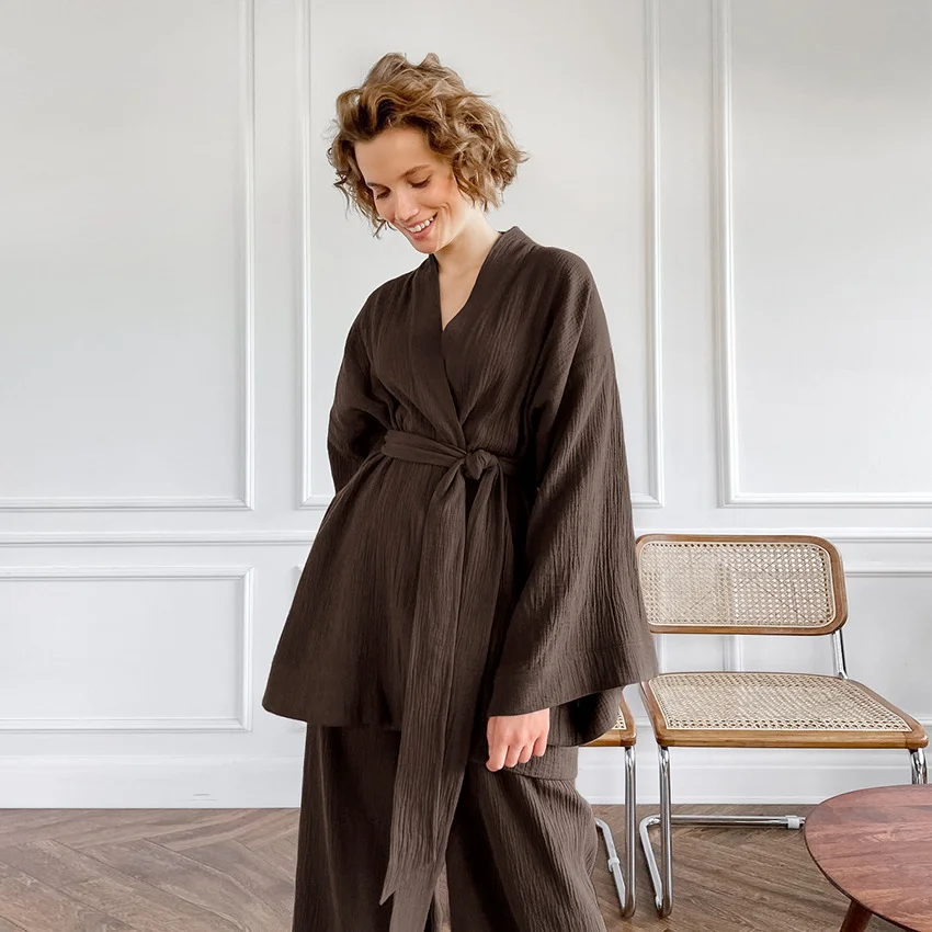 Customized  Crepe Muslin Cotton Daily Life Women Kimono Robe Lounge Set