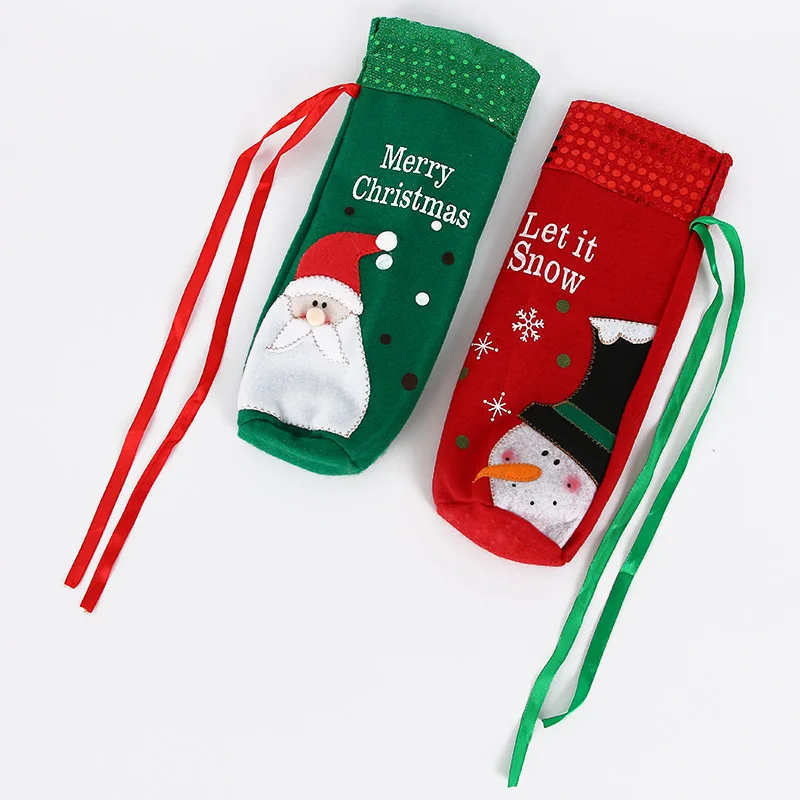 Wholesale Champagne Red Wine Bottle Cover For Christmas Dinner Ornament In Stock Drawstring Santa Claus Snowman Sequin