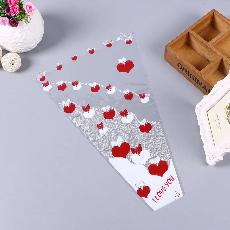 Eco-Friendly And Biodegradable Bouquet Wrap Bag Heart Shape Design Clear Cellophane Printed Flower Sleeve