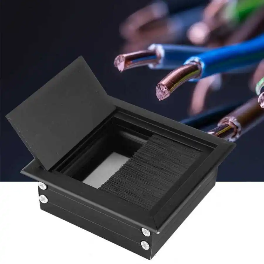 8x8cm Computer Table Desk Rectangle Aluminum Alloy Wire Cable Grommet Hole Cover Outlet Port Line Box With Brush