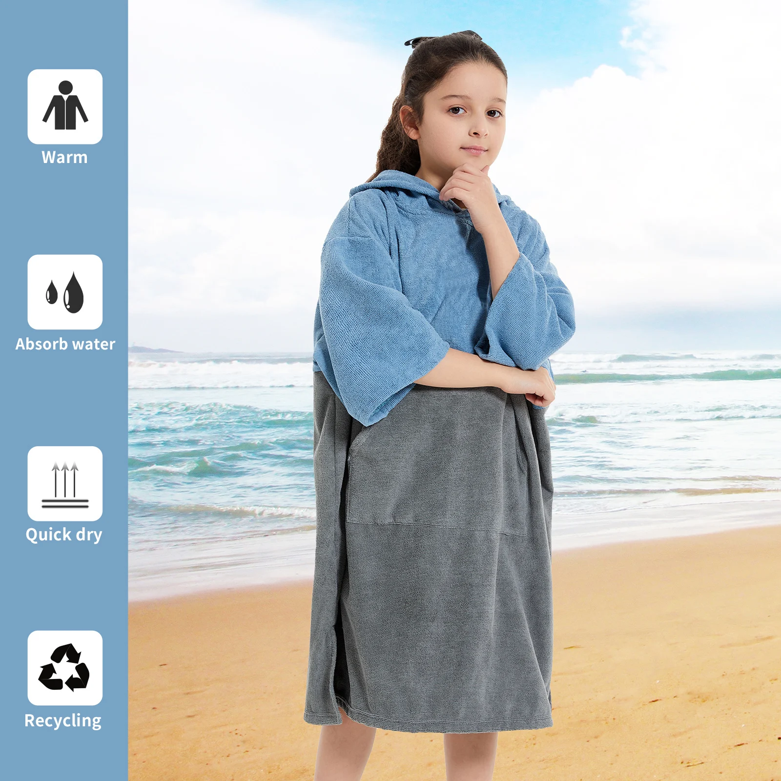 Towel Robe Chidren Microfiber Changing Robe with Hoodie and Large Front Pocket for Surfing and Outdoor Activities