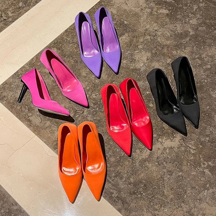 women custom silk wholesale fabric pointed toe thin high heel ladies shoes