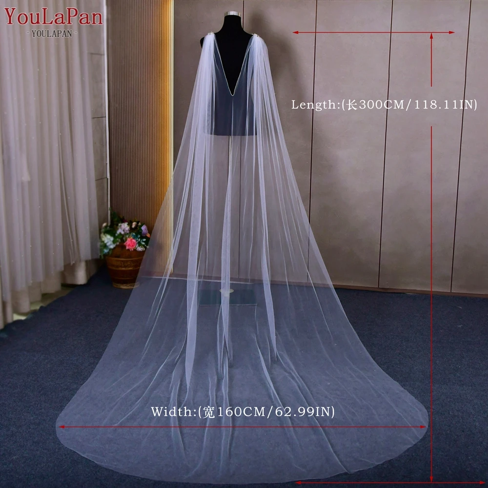YouLaPan VG19 Detachable Pin Cape Rhinestone Pearl Applique Long Tulle Shawl Women Wedding Evening Dress Shoulder Coverage