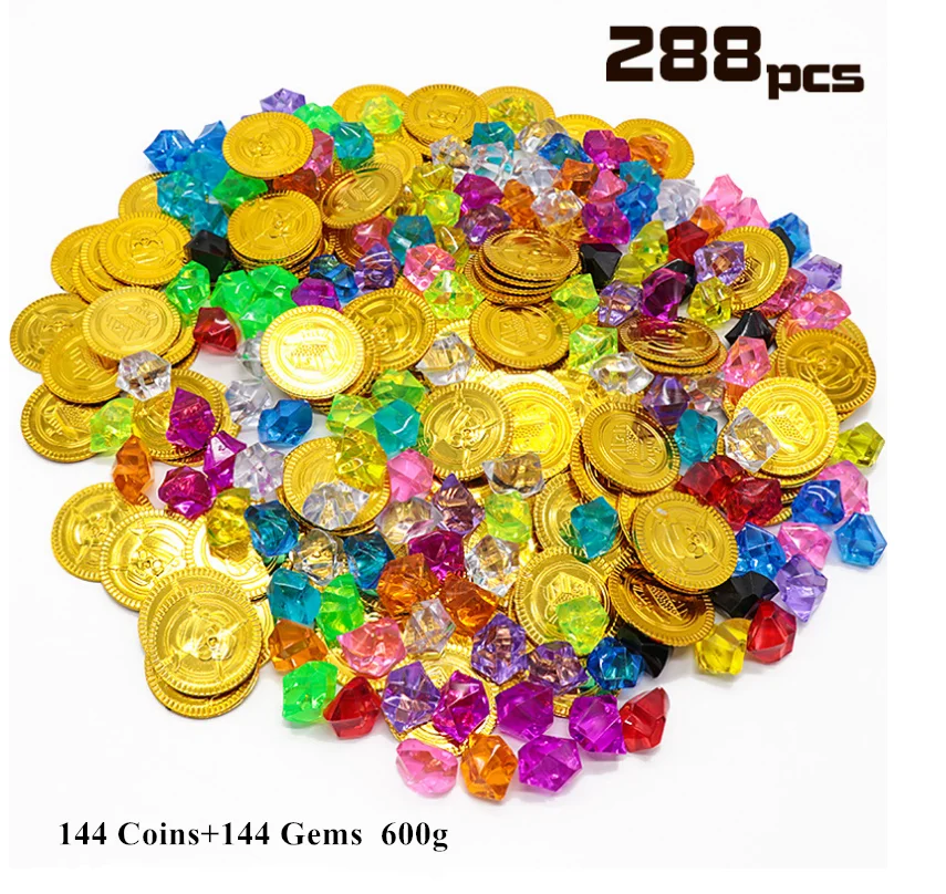 288pcs Packing of 144pcs Pirate Gold Coins and 144pcs Acrylic Gems Kids Simulation Toy