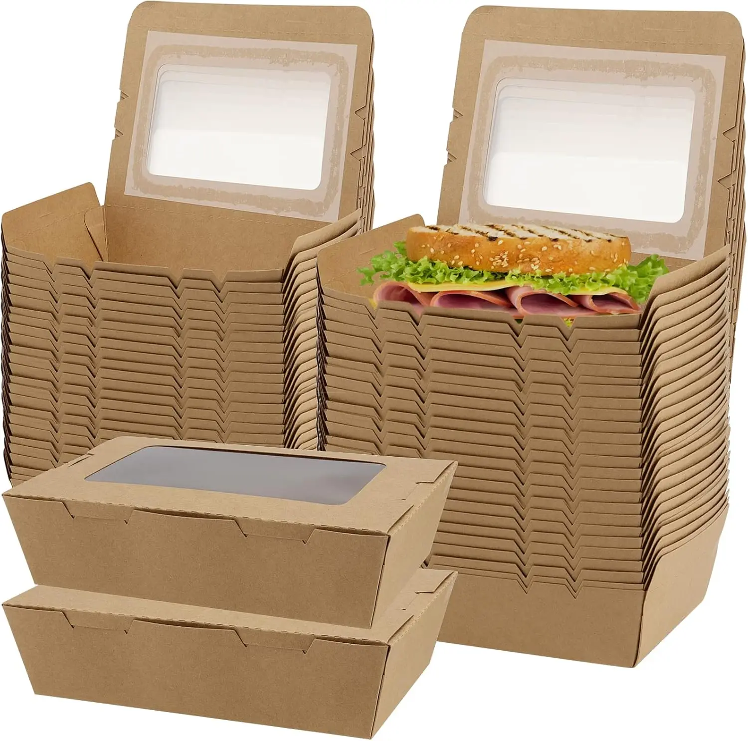Kraft Brown Food Boxes Disposable Kraft Paper Take Out Food Containers Lunch Box with Windows