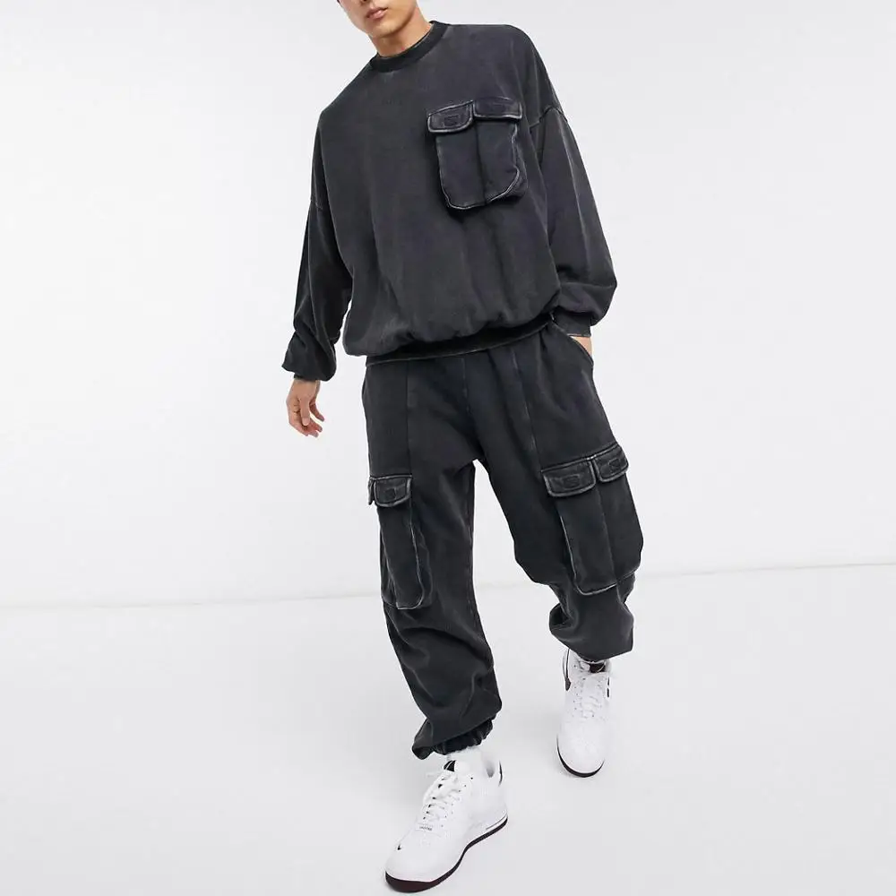 
2020 men fashion streetwear acid wash cargo jogger sweatshirt hip hop 2 piece jogging tracksuit 
