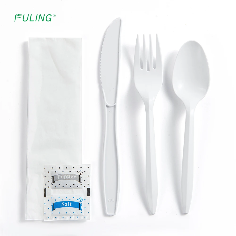 Fuling 6 In1 Medium Weight 2.5g PP Disposable Spoon Fork Knife Set Disposable Plastic Cutlery Kit With Napkin Salt and Pepper