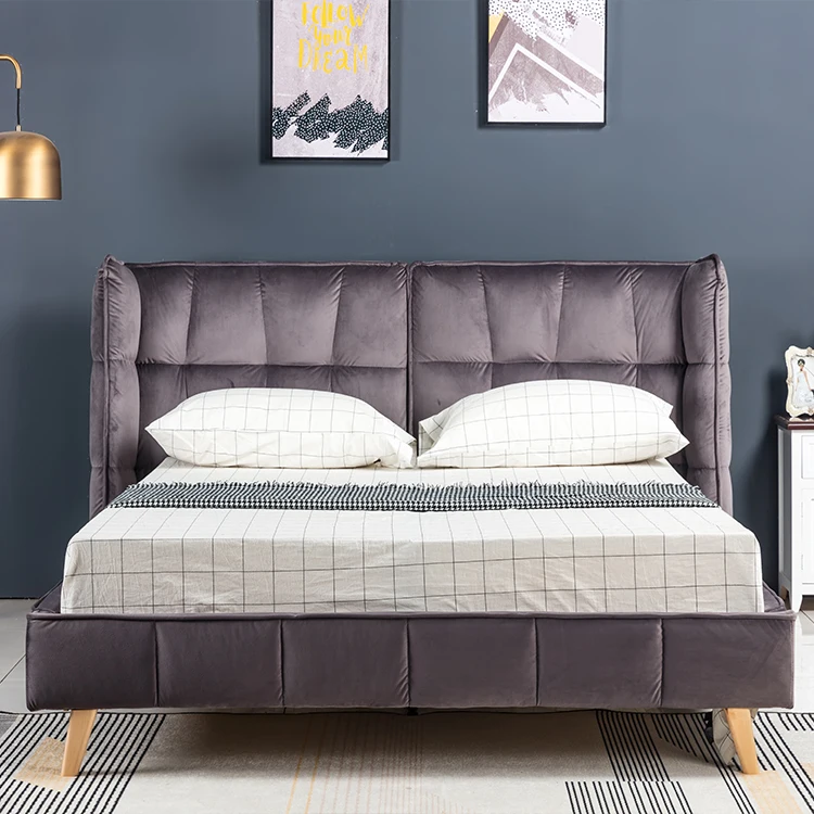 factory direct export king size soft  headboard customize wood frame upholstered bed with wings  from China