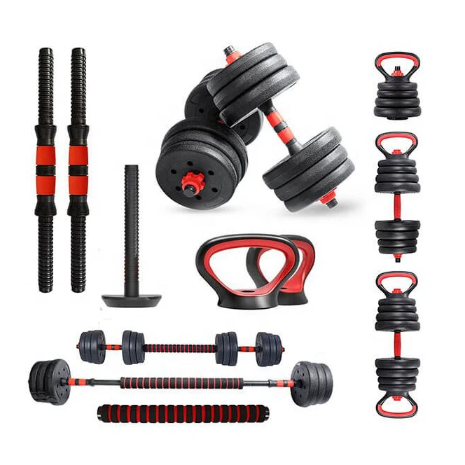 LangYi Unisex Black Rubber Coated Gym Detachable home gym weight lifting training 10KG Barbell Kettlebell and dumbbells set