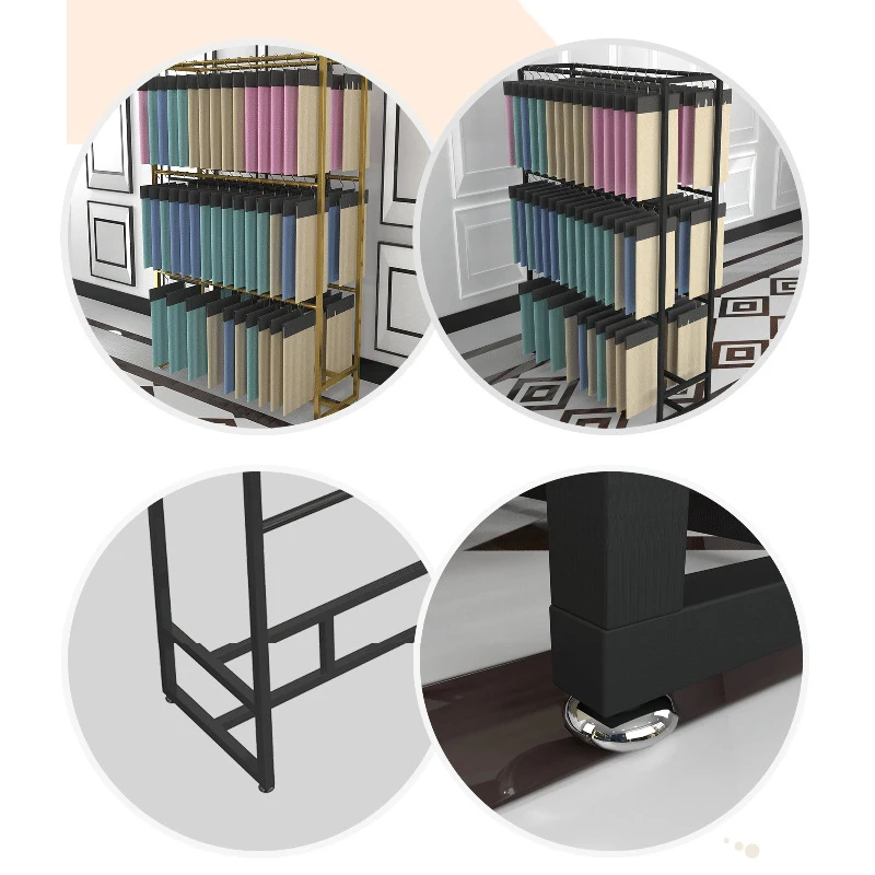 Golden Floor Home Textile Curtain Metal Exhibition Easy to Assemble Shelves, Multi Layer Leather Fabric Sample Display Rack