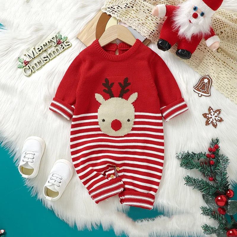 0-1 Year Old Fall/Winter New Baby Knitted Striped Christmas Moose Jacquard Sweater Newborn Onesie