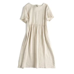 100% Linen Fabric Women Summer Fashion Casual Outfits Loose high quality Solid Linen Dresses With Pocket