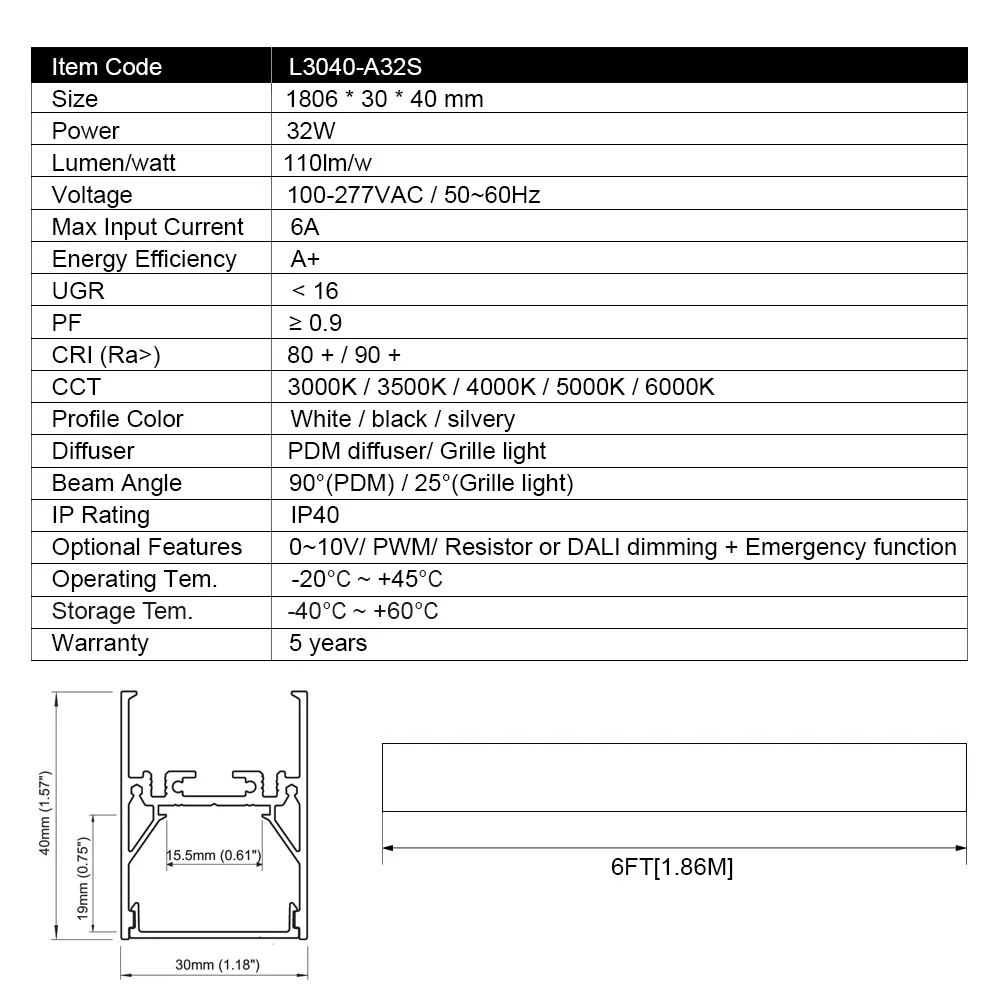 L3040-WW32S 1806mm 32W warm white led linear light etl listed tuv certified for decorative linear light and louvre linear light