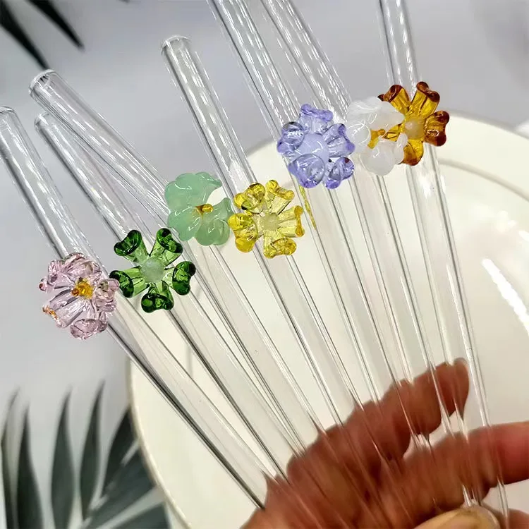Clear Reusable Bent Straight Glass Drinking Straw with Colorful Flower Design And Cleaning Brush