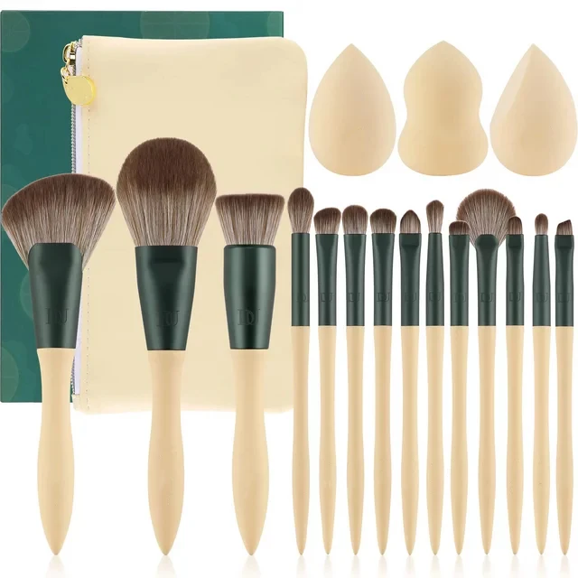 NATURE BROWN 14Pcs with 3Pcs Makeup Sponge -  Professional Kabuki Foundation Blending Brush & Eye Shadows