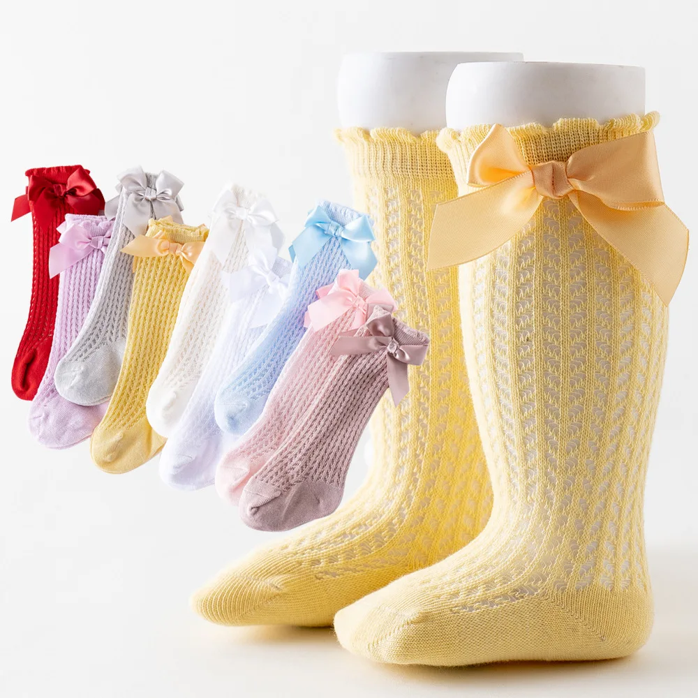 New born mesh organic cotton lace bow crochet baby knee socks