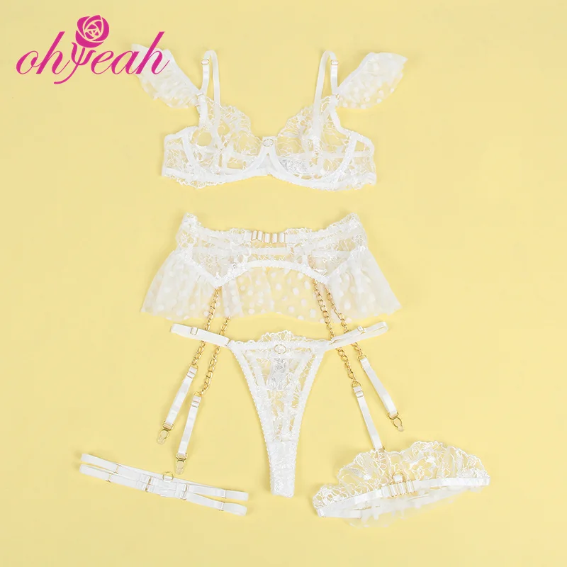 Wholesale floral 4pcs white sexy lace garter bra panty set wedding night lingeries plus size lace bralette