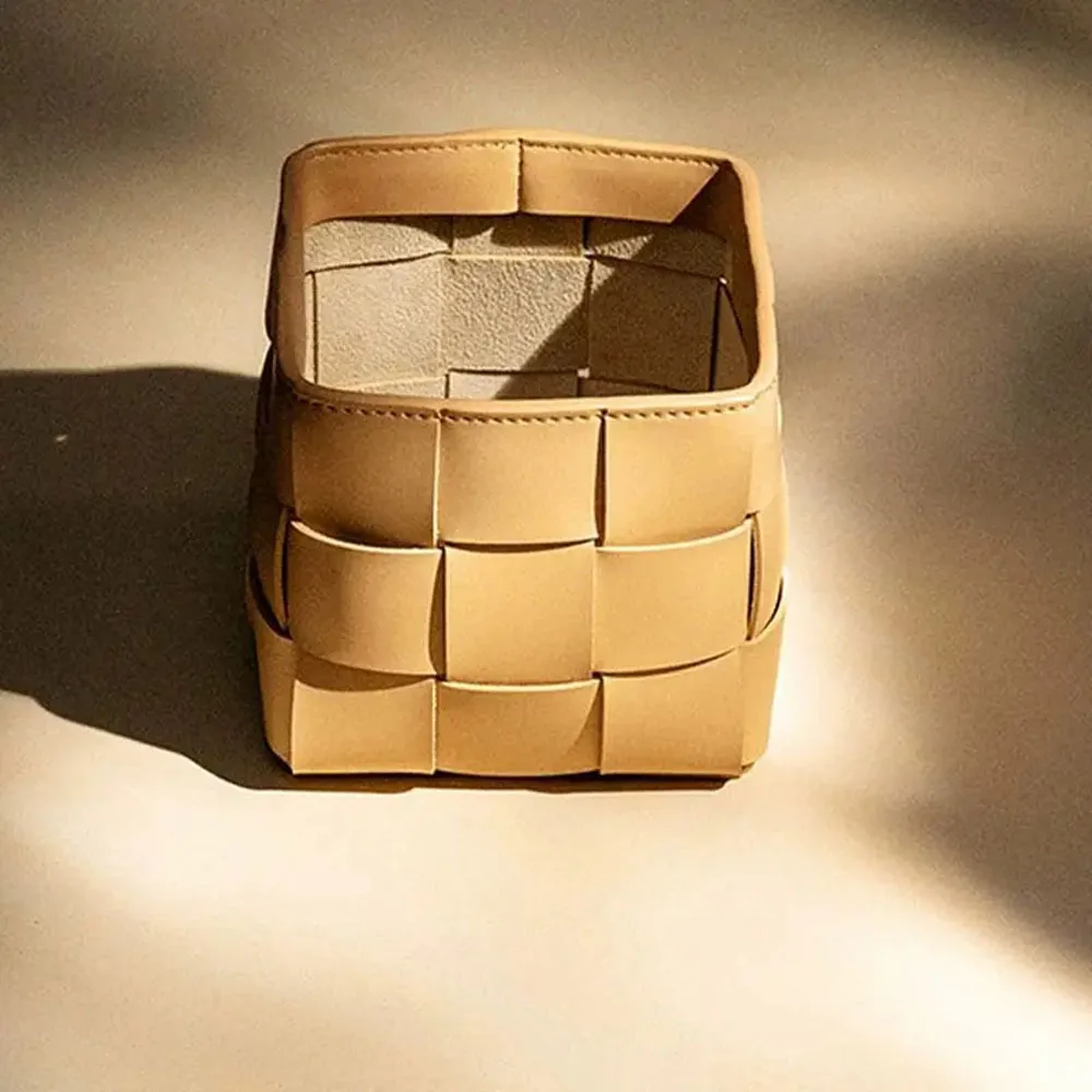 PU Leather Double-Tiered Desktop Organizer Pen Holder Makeup Brush Bucket Storage Wicker Home Office Living Room Bathroom