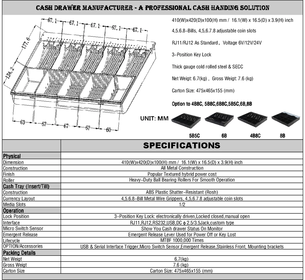 Durable Heavy Duty Cash Register Desk Drawer KR-410 With Metal Tray 4 Bills 8 Coins 12V Cash Drawer For Pos System Register