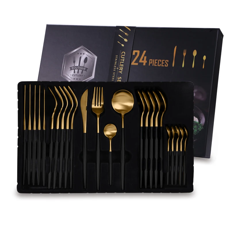 A6061 Luxury 24Pcs Cutlery Set Fine Stainless Steel Wedding Fork Spoon Knife Brushed Gold Flatware Set
