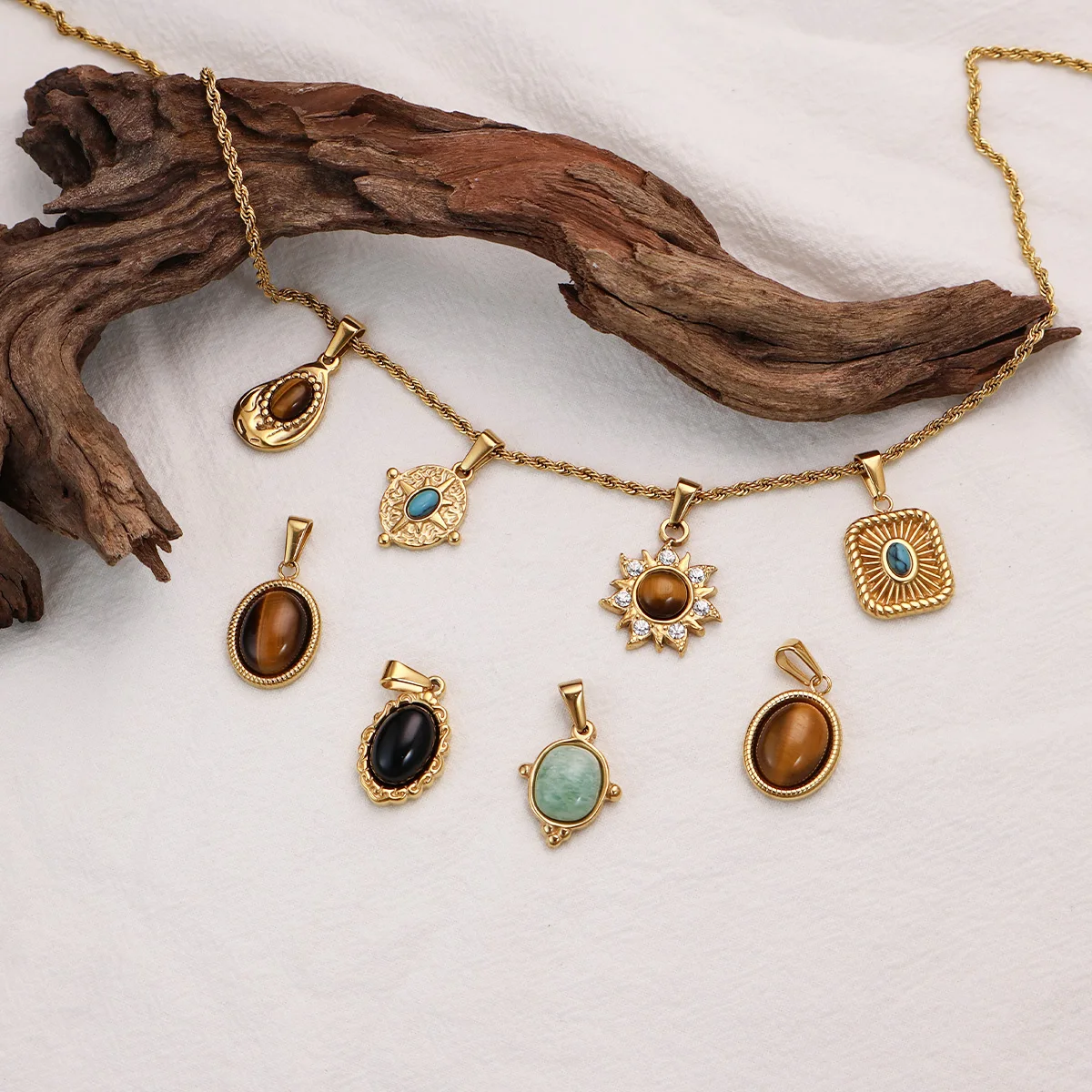 2025 Trendy Jewelry Stainless Steel Oval Gemstone Turquoise Pendants 18K Gold Plated Natural Tiger Eye Stone Charms Pendant