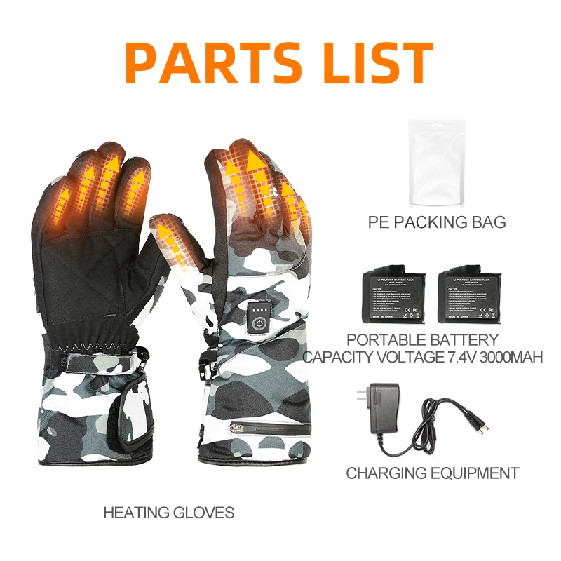 Hot Selling Rechargeable Heat gloves Snowboard Touch Screen Battery Heat Winter Waterproof camouflage Heated Gloves