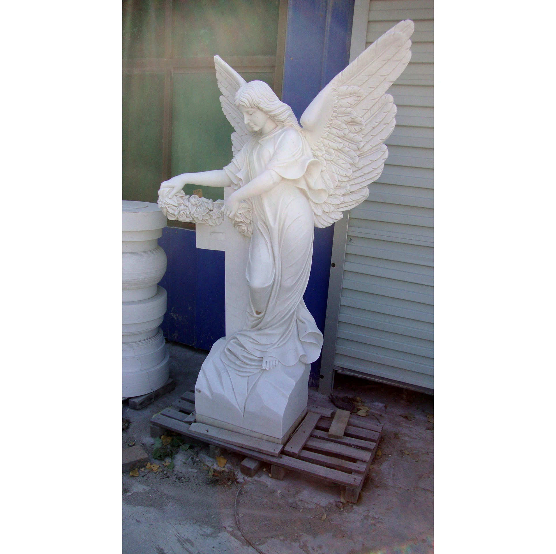 Stone Carving White Marble Statue Sculpture Gravestone With Angel Flower Tombstone