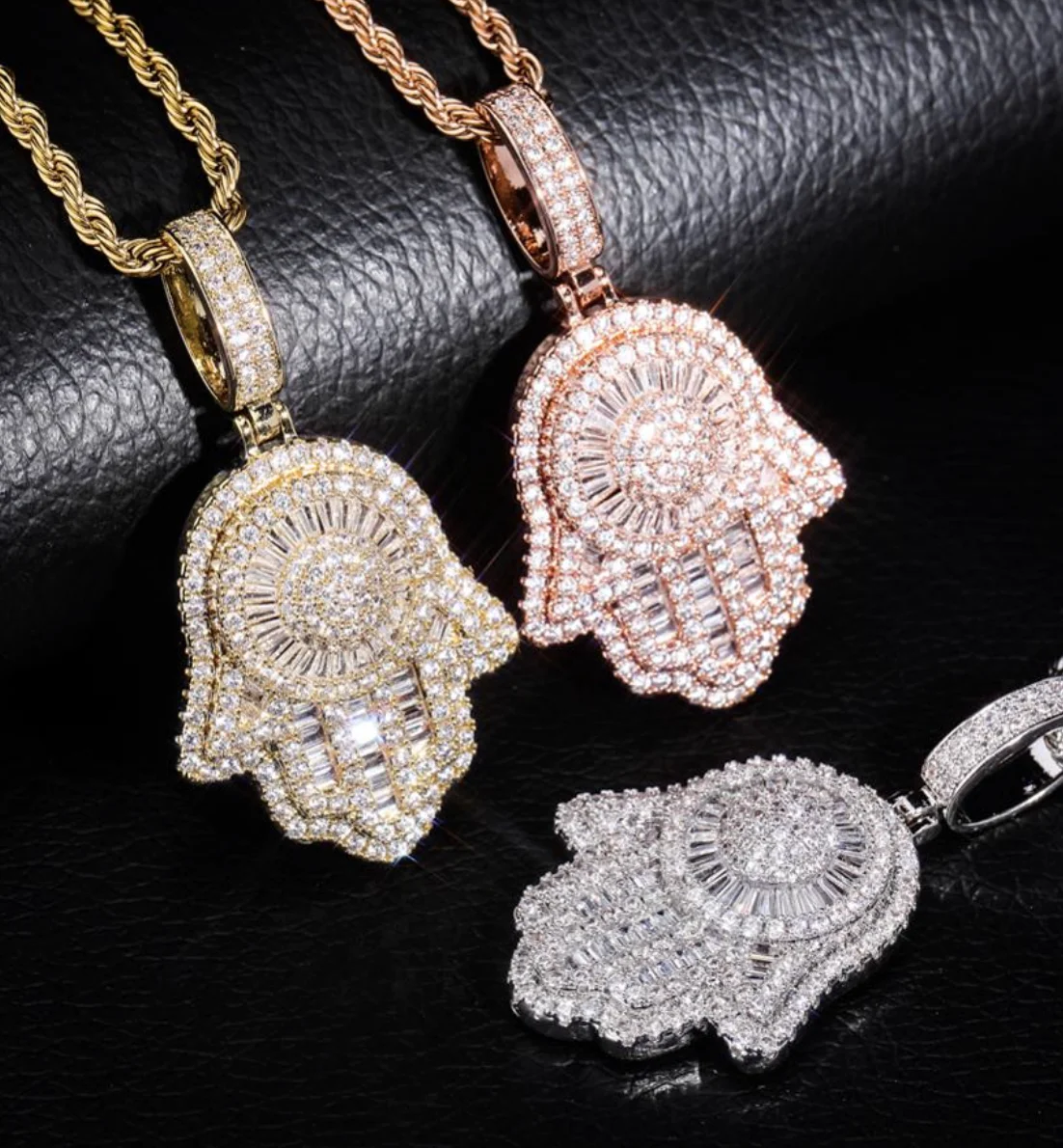 New design rose gold silver Custom Brass mico pave cz Fatima Hamsa Hand Pendant ice out luxury Hamsa Hand good luck necklace