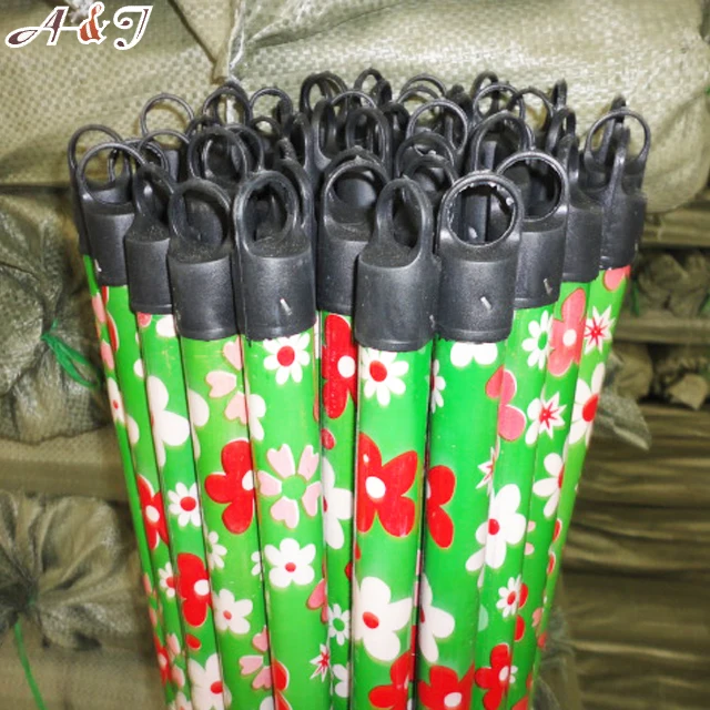 high quality PVC coated wood broom handle wooden broom stick with Italian thread flower designs
