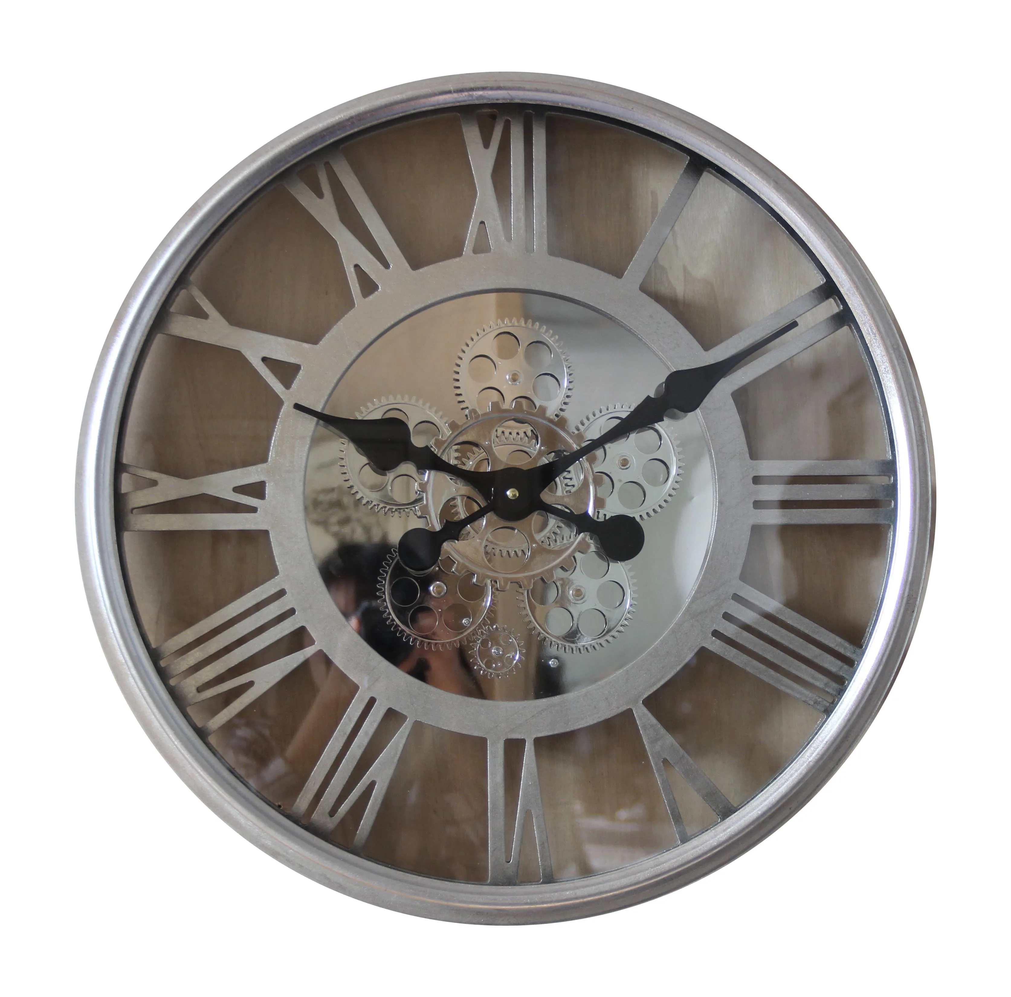 
Metal modern oversized silent non-ticking wall clock with battery operated round clock with moving gears for wall decoration 
