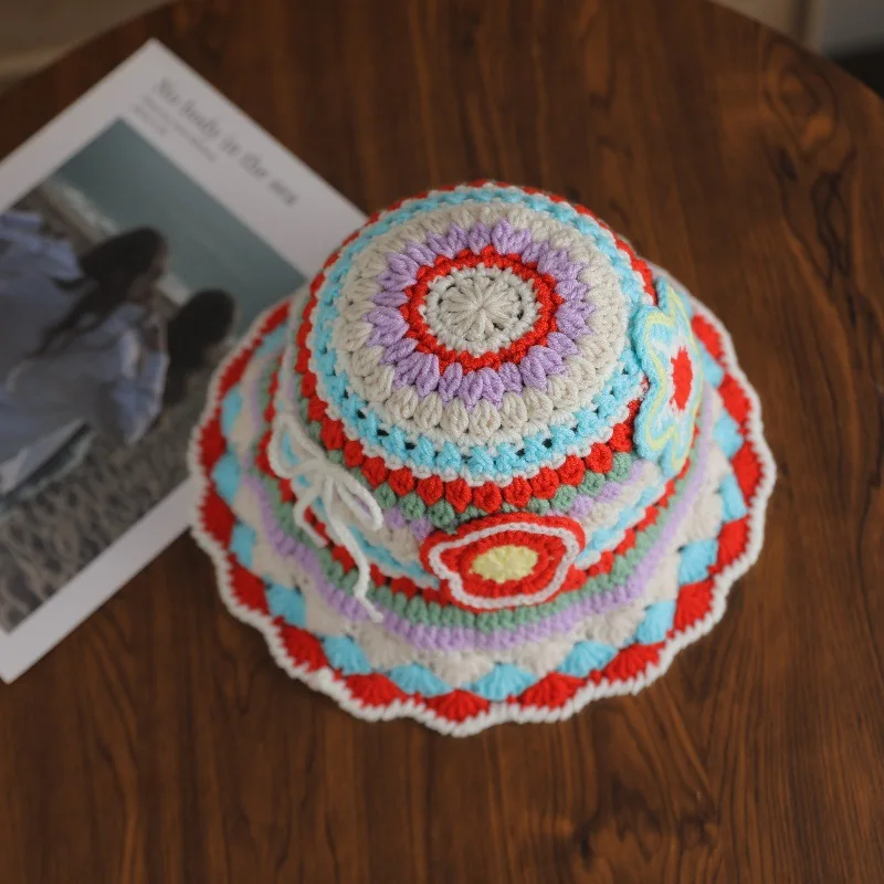2025 Bright Color Striped Floral Bow String Patched Hand Woven Braided Crochet Young Ladies Novelty Gifts Fancy Knit Bucket Hat