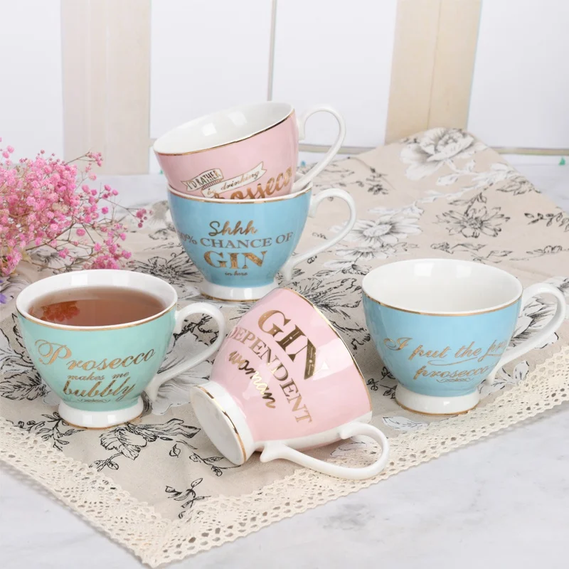 Custom gold letters coffee cups porcelain pink blue mugs set customized dinner footed mug