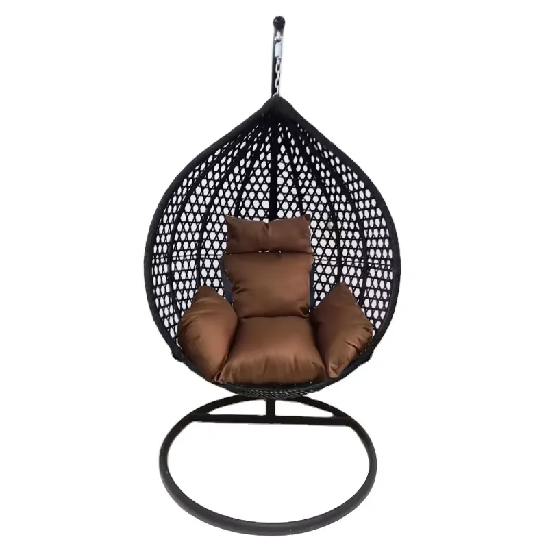 Wholesale Outdoor Furniture Living Room Rattan Egg Basket Swing Patio Chair Balcony Garden Hanging Chair With Stand and cushion